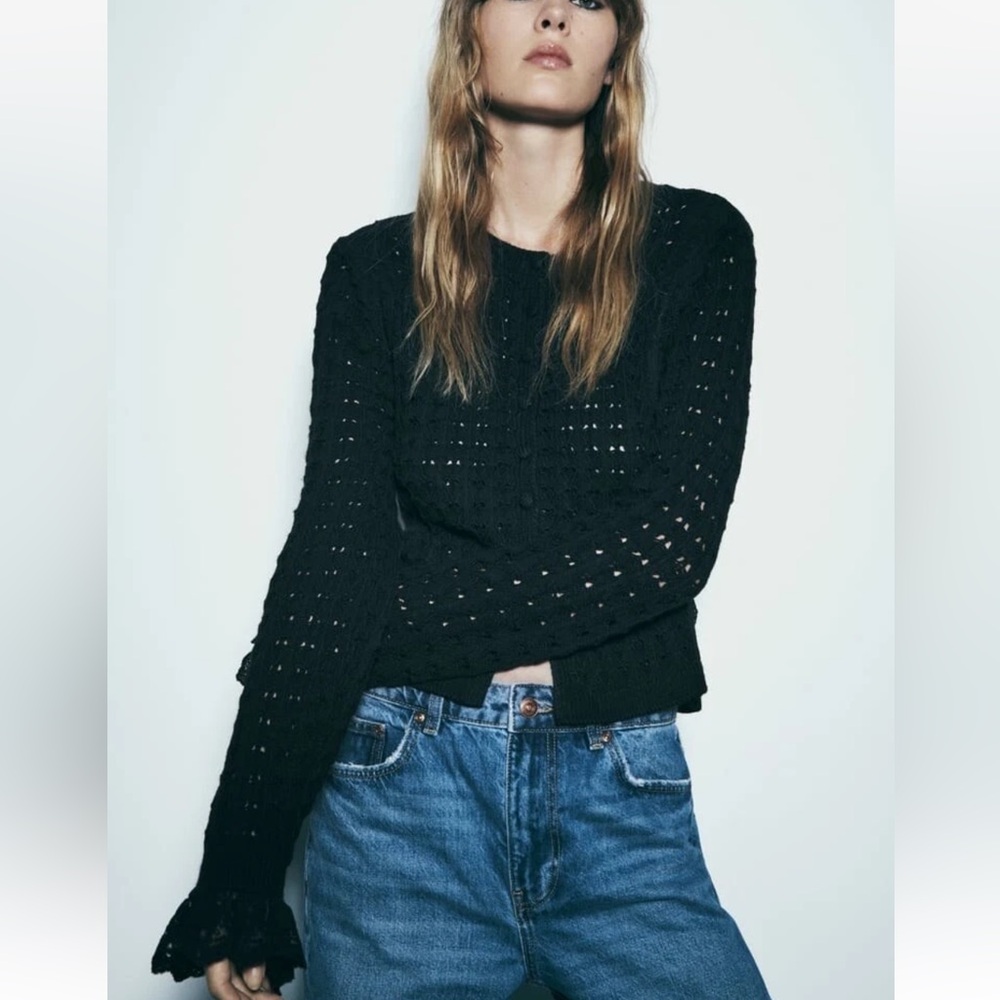 Zara Half Button Front Open Knit Lace Trim Cardigan Round Neck Split Black